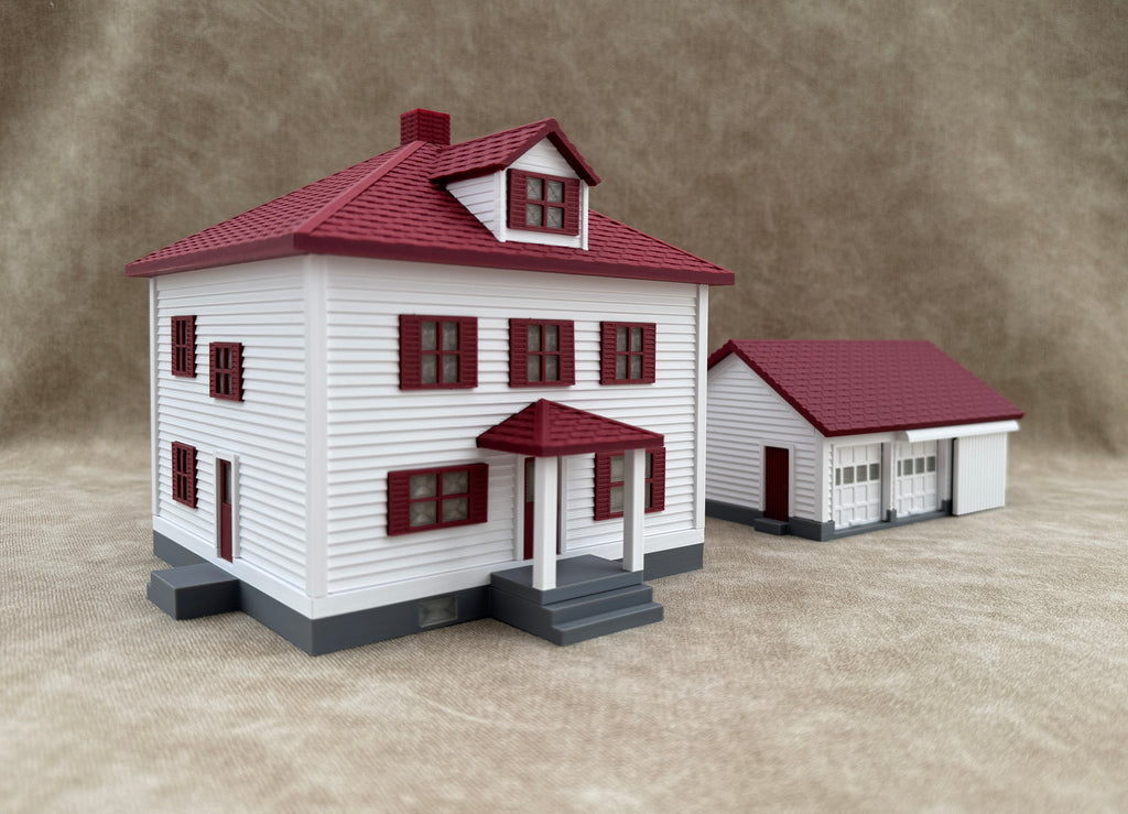 1/64 Scale House & Garage Combo - Early 1900s Sears Farm House - Farm Set Model - Maroon Red