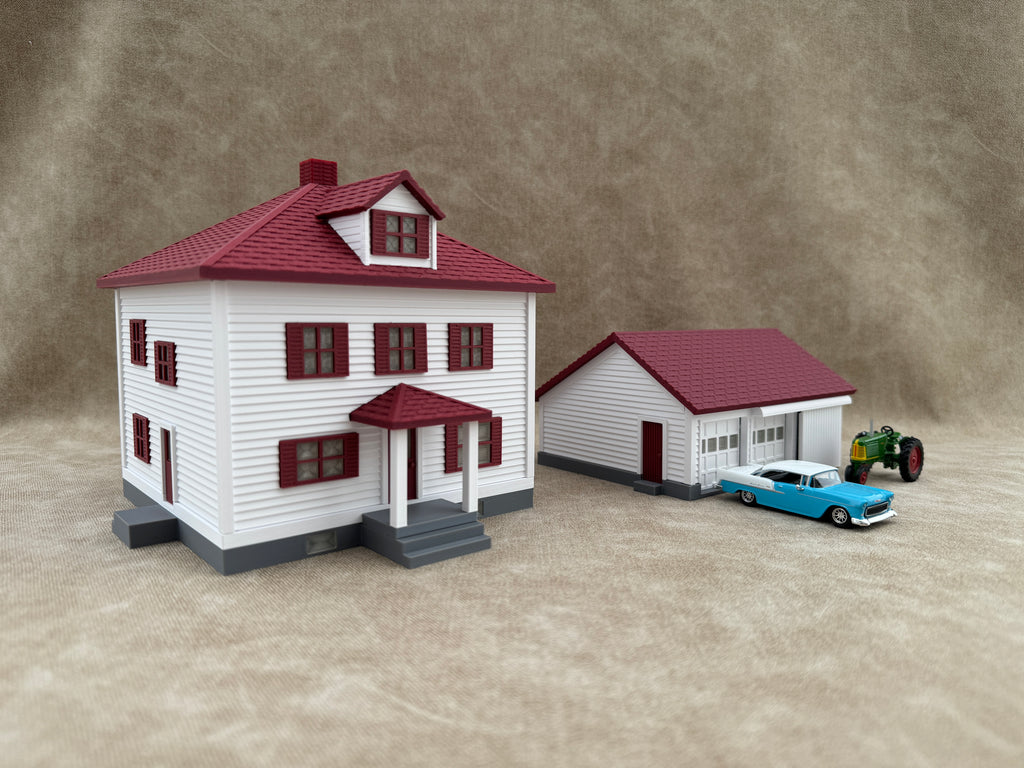 1/64 Scale House & Garage Combo - Early 1900s Sears Farm House - Farm Set Model - Maroon Red