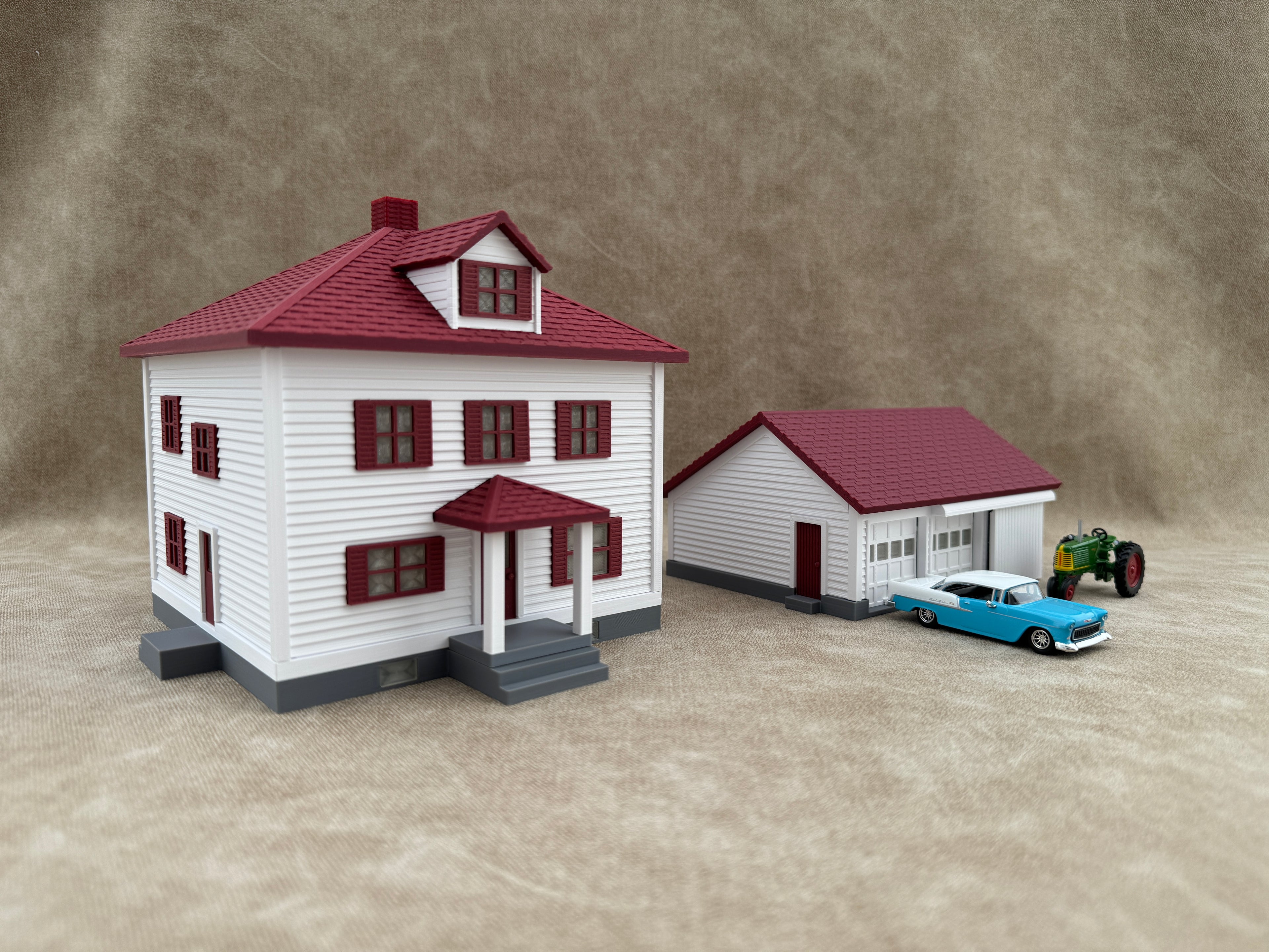 1/64 Scale House & Garage Combo - Early 1900s Sears Farm House - Farm Set Model - Maroon Red