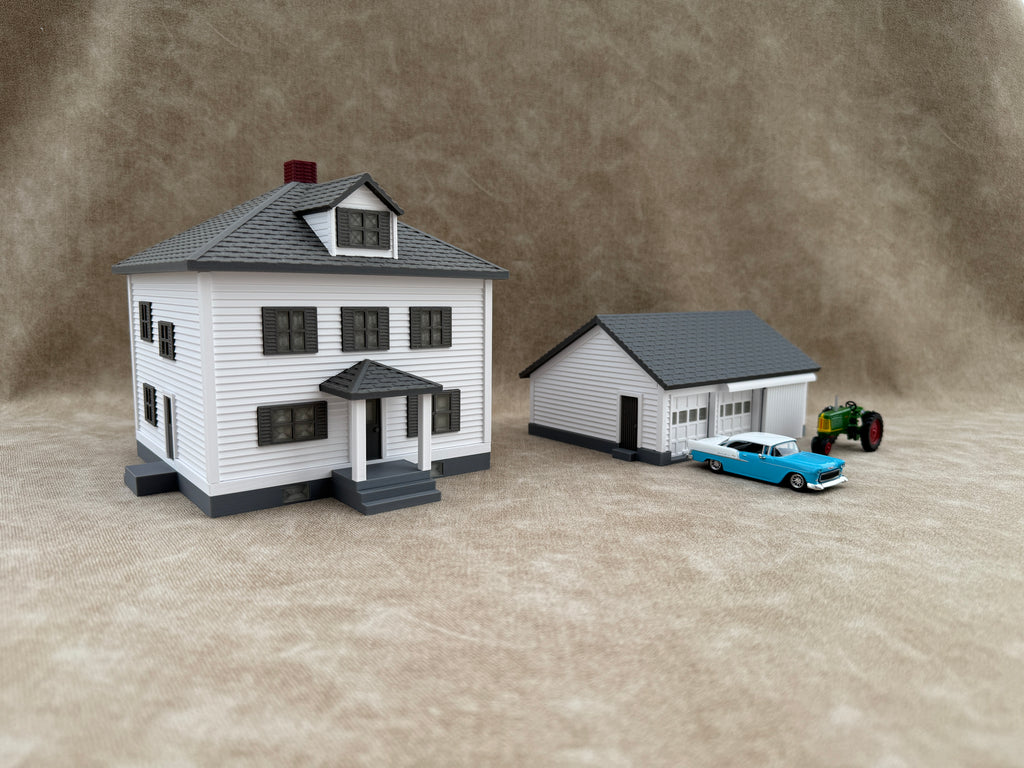 1/64 Scale House & Garage Combo - Early 1900s Sears Farm House - Farm Set Model - Gray Roof