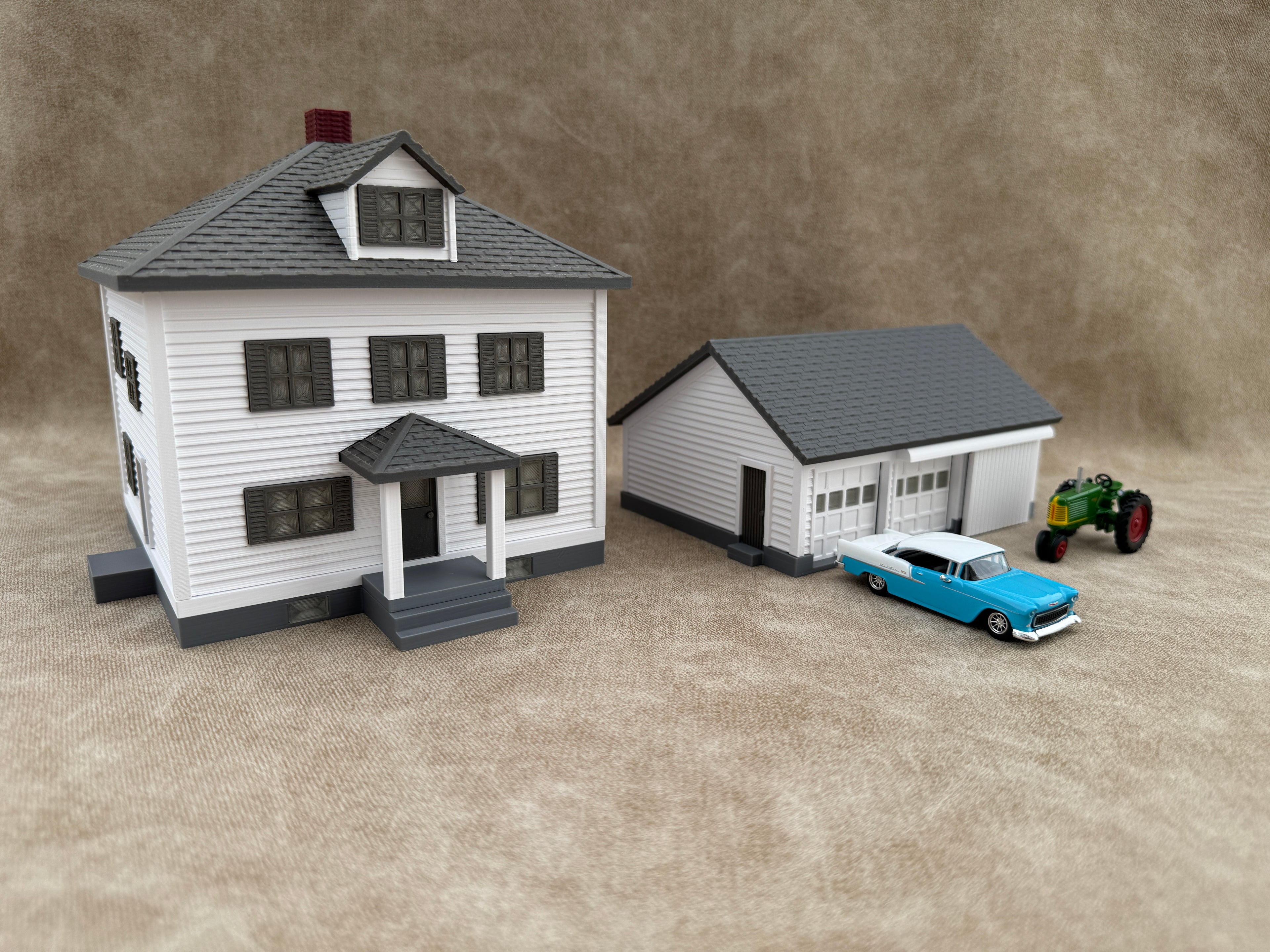 1/64 Scale House & Garage Combo - Early 1900s Sears Farm House - Farm Set Model - Gray Roof