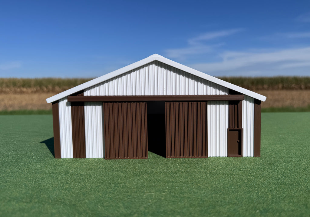 1/64 Scale - '70s Style Pole Barn - 100' Scaled Length - White/Brown - Made in USA