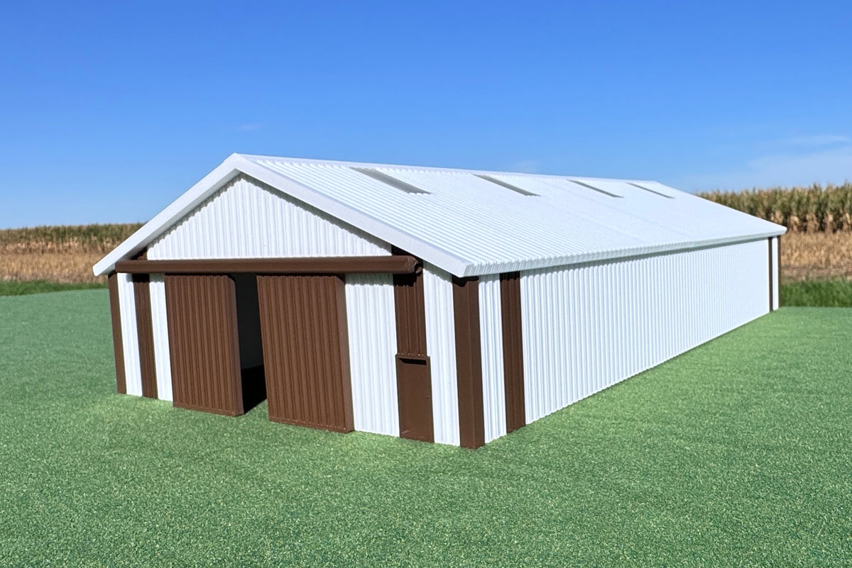 1/64 Scale - '70s Style Pole Barn - 100' Scaled Length - White/Brown - Made in USA