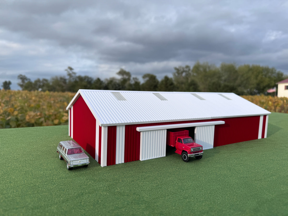 1/64 Scale - '70s Style Pole Barn - 100' Scaled Length - Red/White - Made in USA