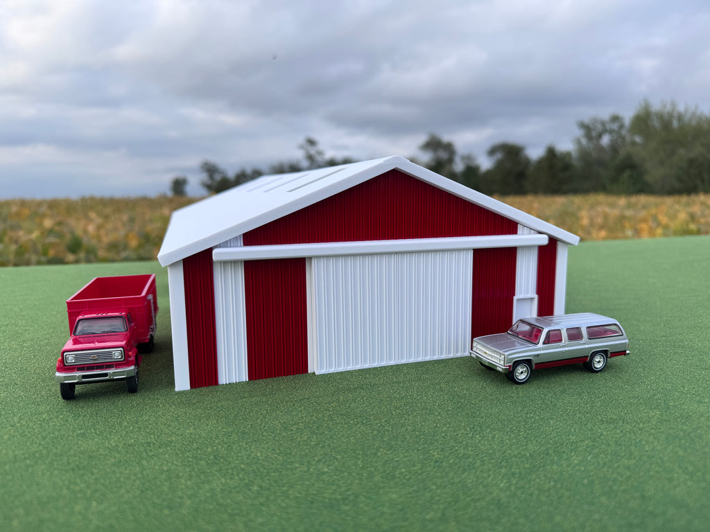 1/64 Scale - '70s Style Pole Barn - 100' Scaled Length - Red/White - Made in USA