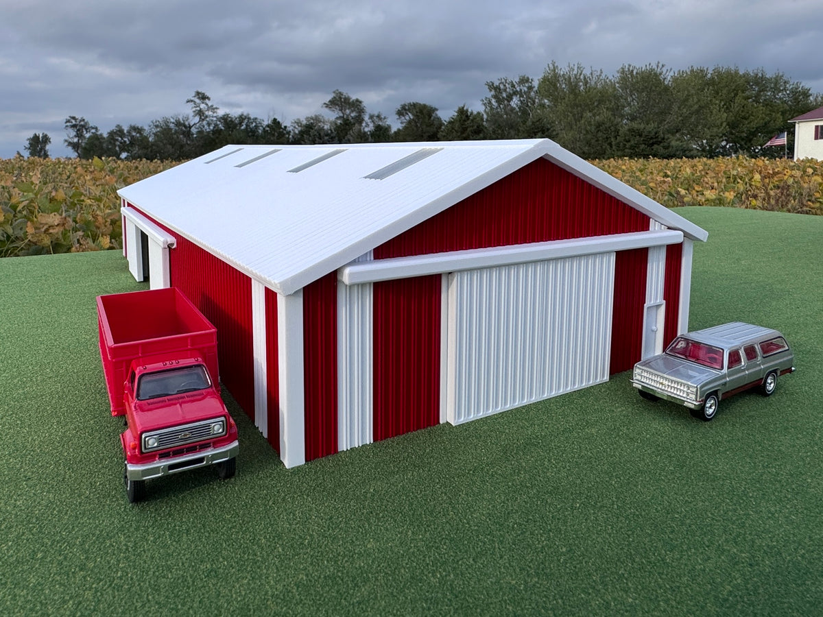 1/64 Scale - '70s Style Pole Barn - 100' Scaled Length - Red/White - Made in USA