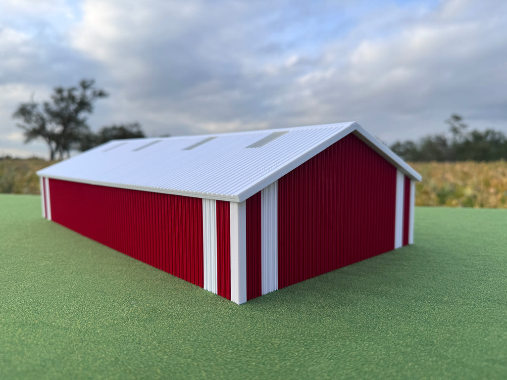 1/64 Scale - '70s Style Pole Barn - 100' Scaled Length - Red/White - Made in USA