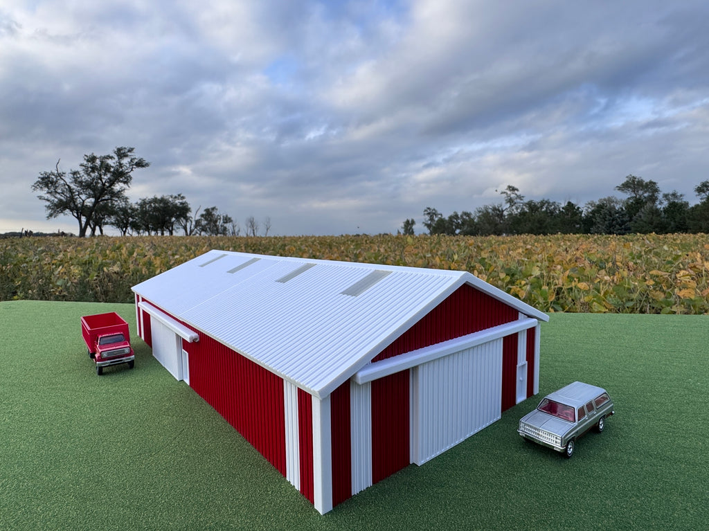 1/64 Scale - '70s Style Pole Barn - 100' Scaled Length - Red/White - Made in USA