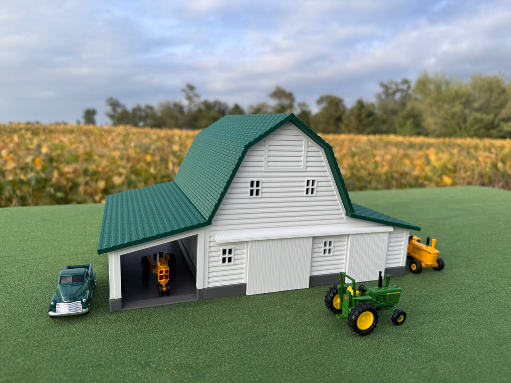 1/64 Scale - Early 1900s Barn - White 42' x 62' - Green Roof - Made in USA