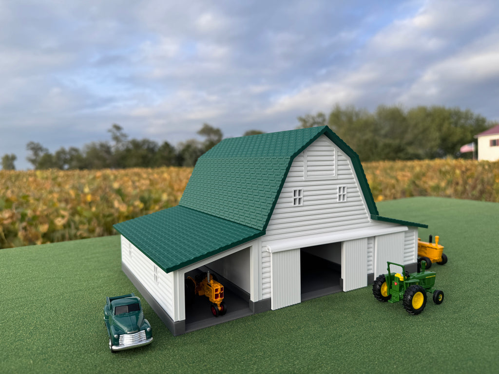 1/64 Scale - Early 1900s Barn - White 42' x 62' - Green Roof - Made in USA