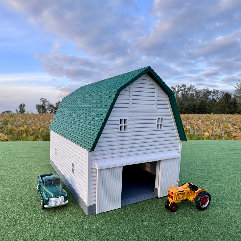 1/64 Scale - Early 1900s Barn - White 30' x 42' - Green Roof - Made in USA