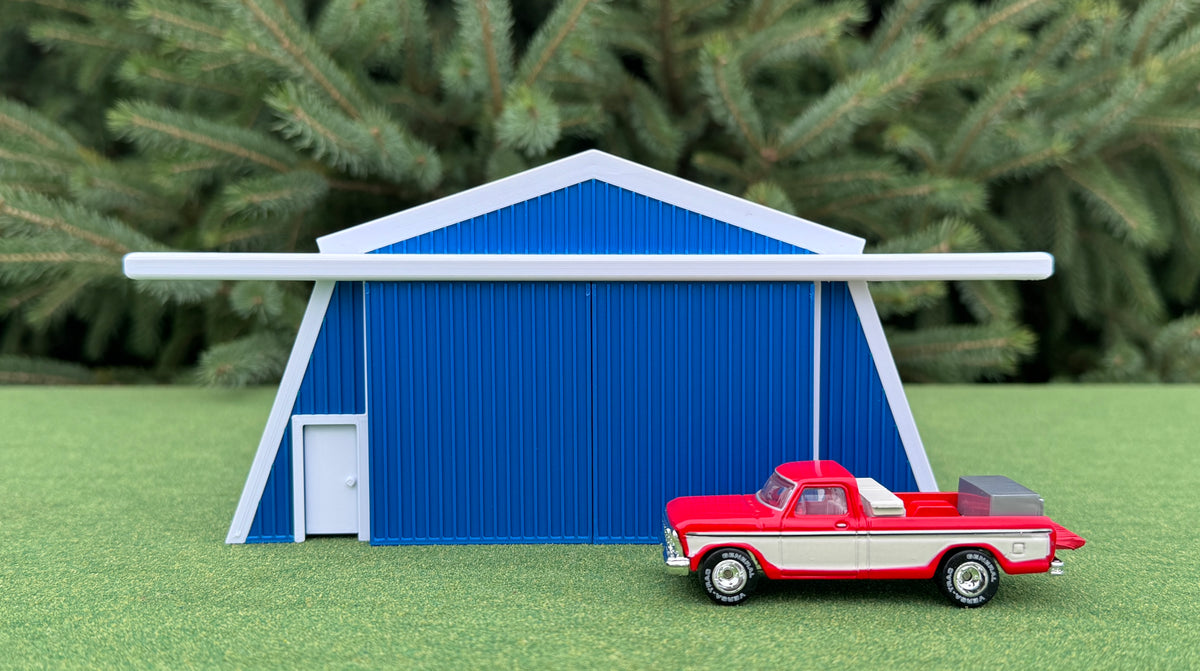 1/64 Scale - Farmstead Style Peaked Machine Shed - 50' Scaled Length - Blue - Made in USA
