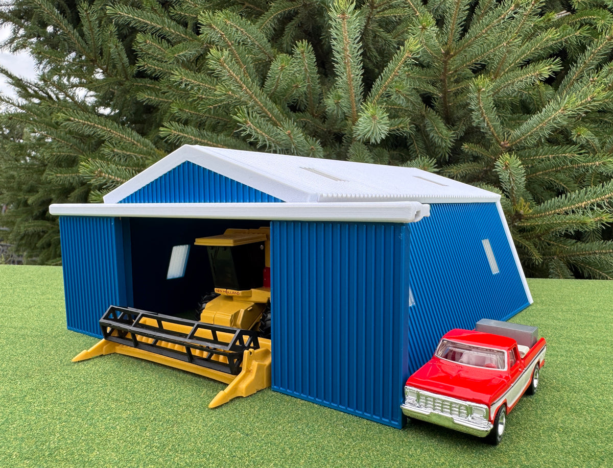 1/64 Scale - Farmstead Style Peaked Machine Shed - 50' Scaled Length - Blue - Made in USA