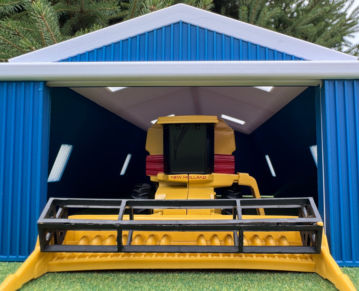 1/64 Scale - Farmstead Style Peaked Machine Shed - 50' Scaled Length - Blue - Made in USA