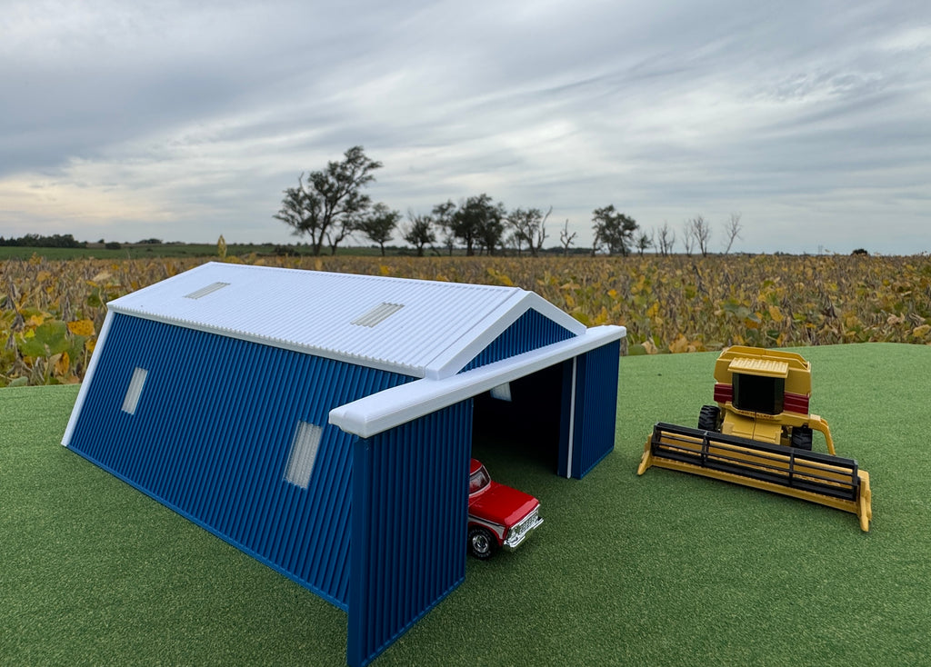 1/64 Scale - Farmstead Style Peaked Machine Shed - 50' Scaled Length - Blue - Made in USA