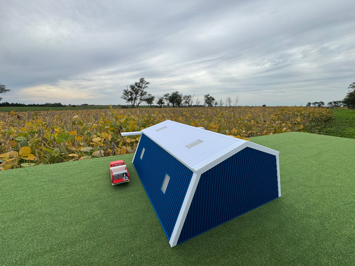 1/64 Scale - Farmstead Style Peaked Machine Shed - 50' Scaled Length - Blue - Made in USA